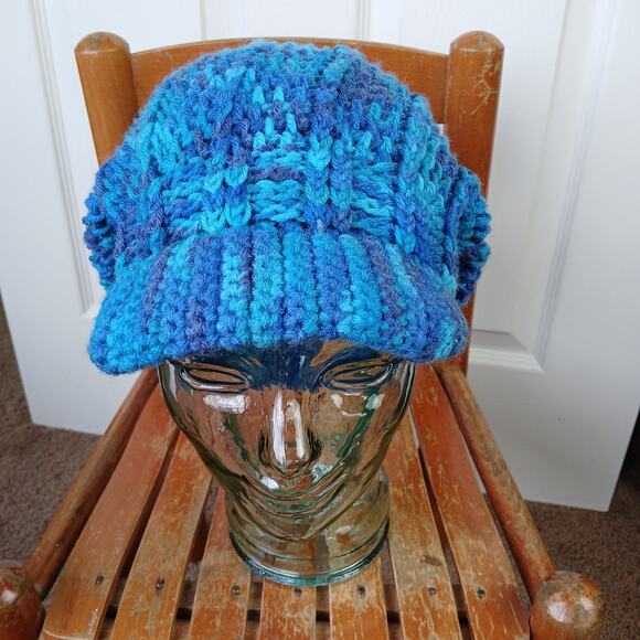 Blue Macaw Slouchy with a Brim OSFM crochet newsboy slouch hat premade - Picture 5 of 7